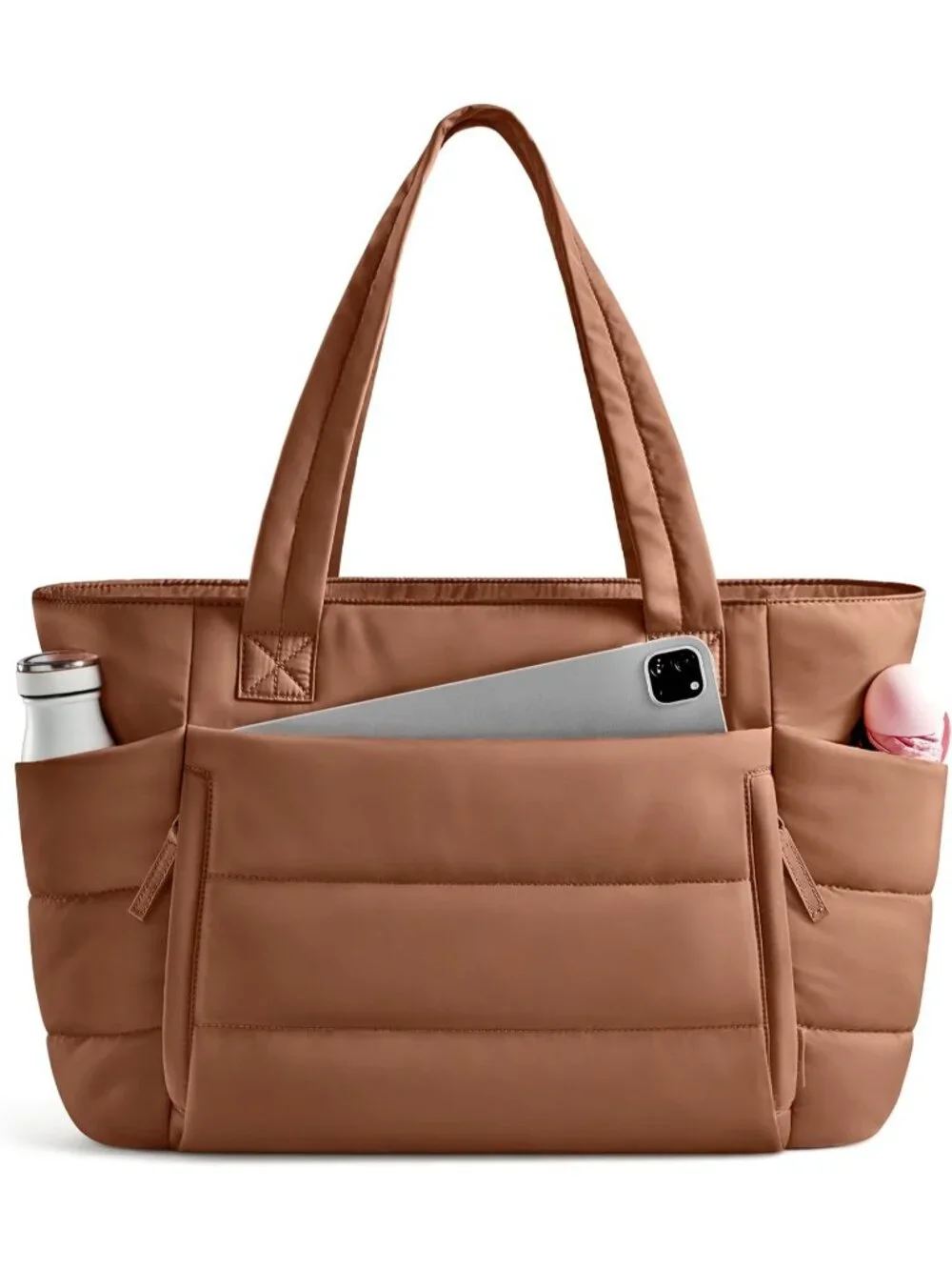 👜Women's Pecan Brown Quilted Puffer Tote Bag Zipper Work Bag With Compartments